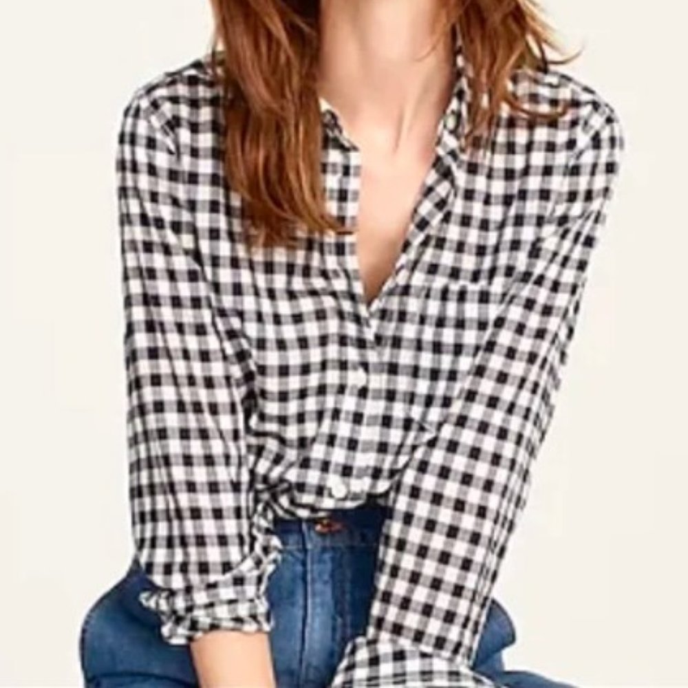 J. Crew Navy Gingham Crinkle Boy Button Down - Picture 1 of 8